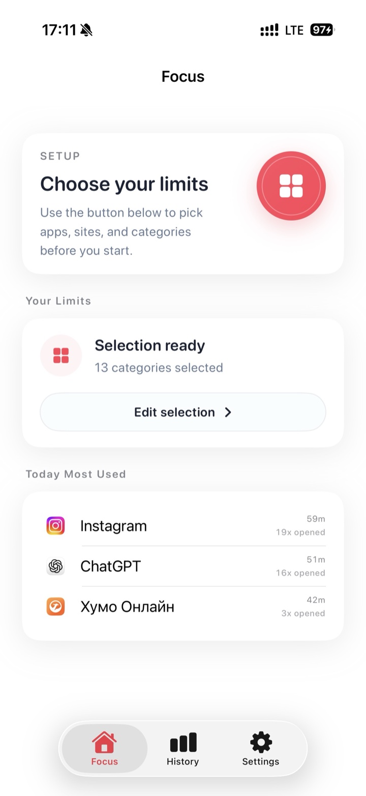 Focus iOS app interface showing screen time limits and blocked app selection
